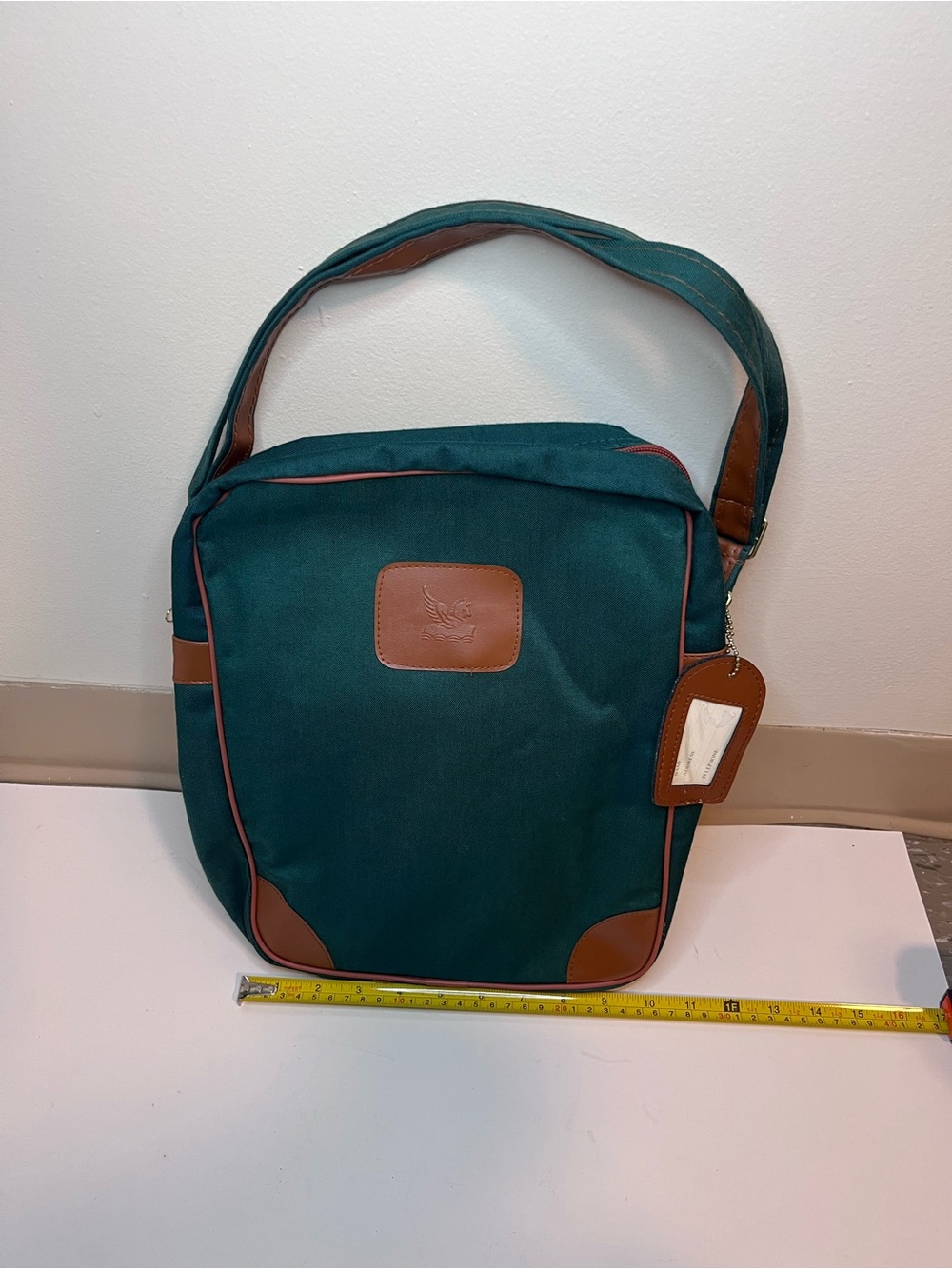 Vintage Unbranded Teal Canvas Shoulder Bag with Brown Leather Trim